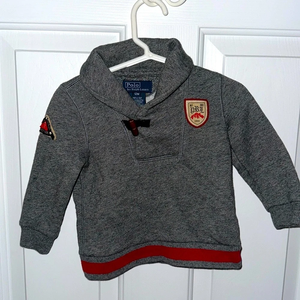 Ralph Lauren Pullover 12 Months Gray Shawl Collared Outdoors Patches